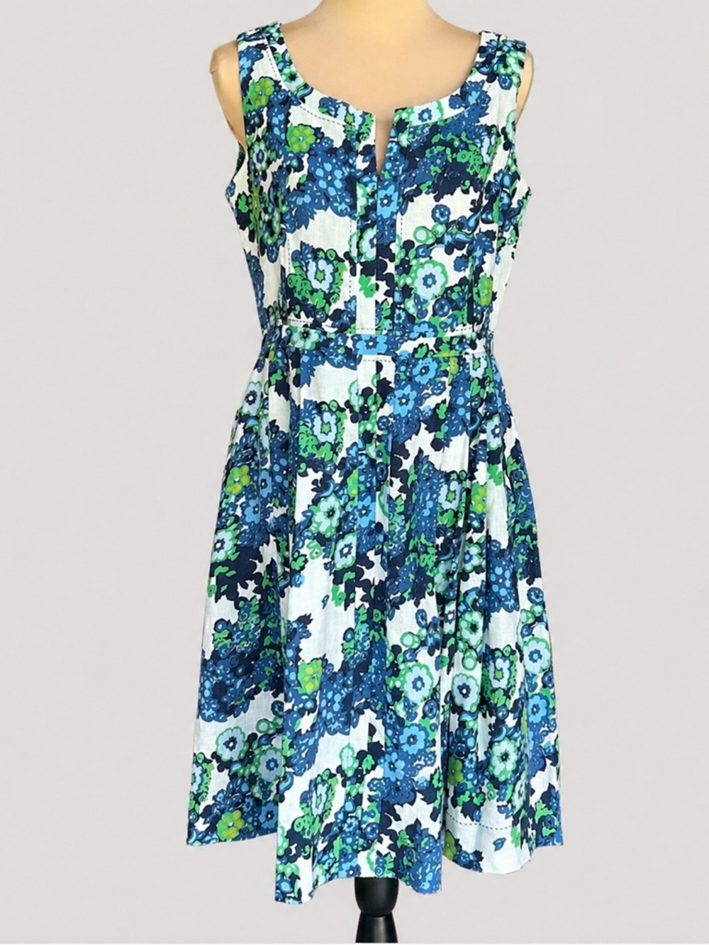 Tory Burch Floral Linen Dress Blue Green Fit Flare Sleeveless Sz 8